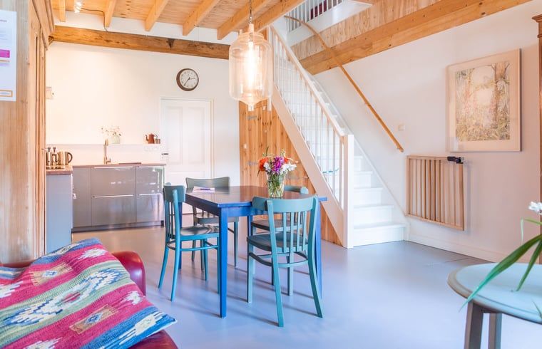 Eetkamer in vakantiehuisje in Diepenheim met kleurrijke stoelen en houten details.