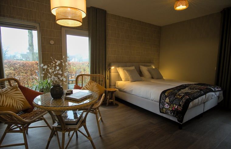 Stijlvolle slaapkamer in Vakantiehuis in Oldenzaal, Twente, met comfortabele bedden en moderne inrichting.