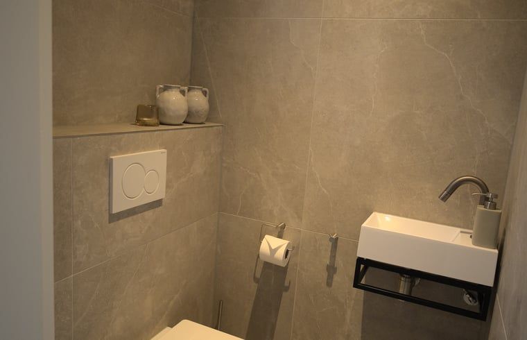 Luxe badkamer in Vakantiehuis in Oldenzaal, Twente, met dubbele wastafel en sfeervolle spiegels.