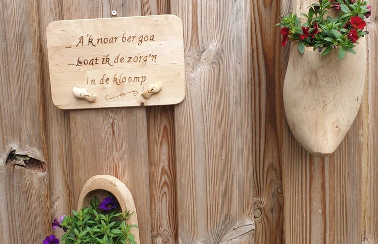 Houten decoratie met planten in tuin van Huisje in Westerhaar-Vriezenveensewijk, Twente, Overijssel, met lokale charme.