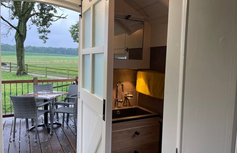 Badkamer in Vakantiehuisje in Markelo, Twente, Overijssel met moderne wastafel en uitzicht op het terras.
