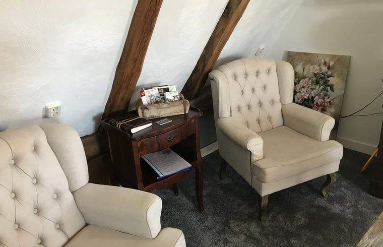 Gezellige zithoek in Vakantiehuisje in Markelo, Twente. Comfortabele stoelen en houten details creeren een warme sfeer in deze vakantiewoning in Overijssel.