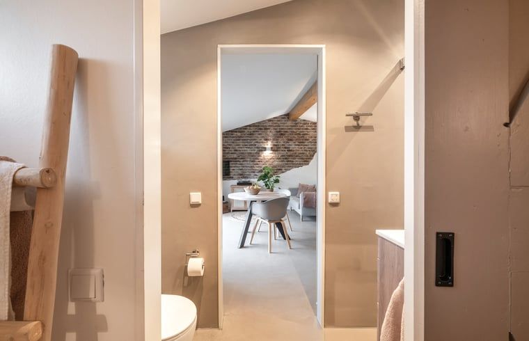 Moderne badkamer met ruime douche in Vakantiehuis in Usselo, Twente, vlakbij de slaapkamer.