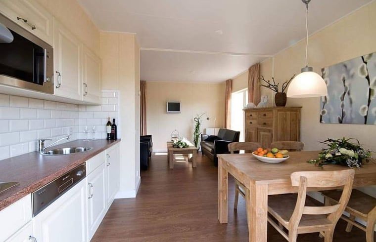 Offene Kueche und Essbereich im Ferienhaus in Enter, Twente, Overijssel, mit stilvoller Einrichtung.