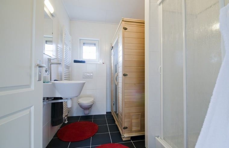 Modernes Badezimmer im Ferienhaus in Enter, Twente, Overijssel, mit Sauna und luxurioesen Annehmlichkeiten.