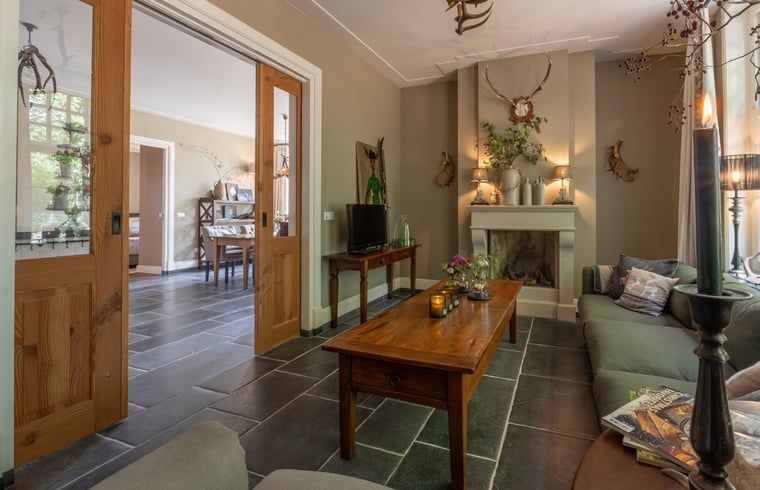 Gemuetliches Wohnzimmer mit Kamin in Cottage in Denekamp Ferienhaus, Twente, Overijssel.