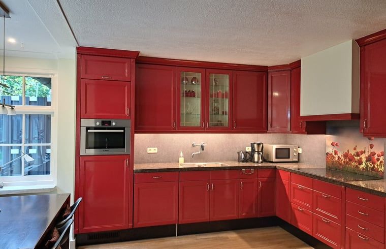 Red kitchen in Cottage in Denekamp, vacation home in Twente, Overijssel, fully equipped for cooking.