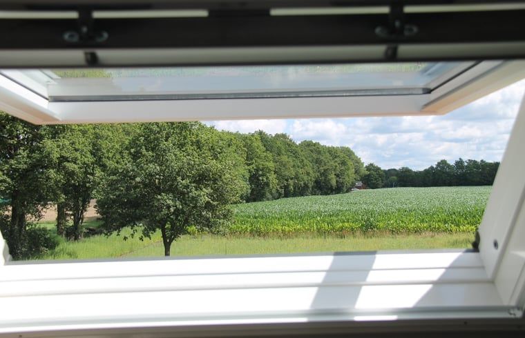 View of green fields from skylight of vacation home in Denekamp, Twente. Nature-rich vacation home in Overijssel.