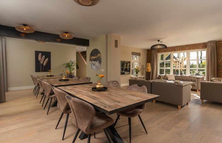 Gezellige woonkamer in Huisje in Losser, Twente, Overijssel, met ruime eettafel en comfortabele zithoek voor een ontspannen verblijf.