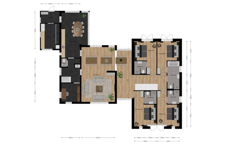 Plattegrond van Huisje in Losser, een vakantiehuis in Twente, Overijssel met ruime slaapkamers en gezellige woonruimtes.