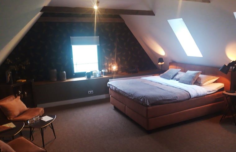 Gemuetliches Schlafzimmer im Huisje in Losser, einem Ferienhaus in Twente, Overijssel, mit einem bequemen Bett und stimmungsvoller Beleuchtung.
