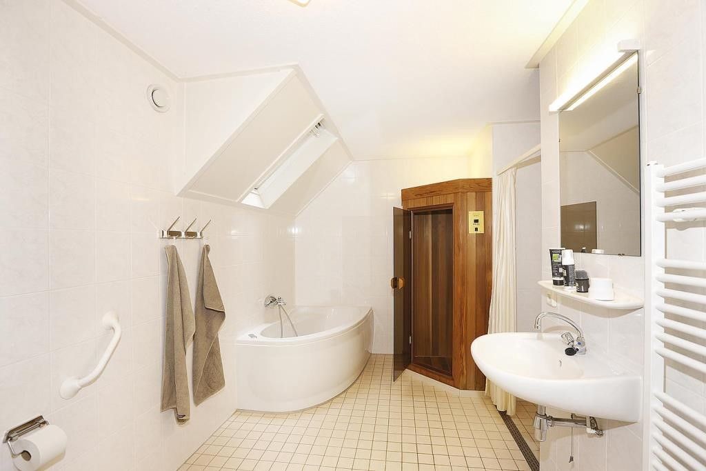 Luxury bathroom with sauna in Boshuus Wellness vacation home, Deurningen, Twente.