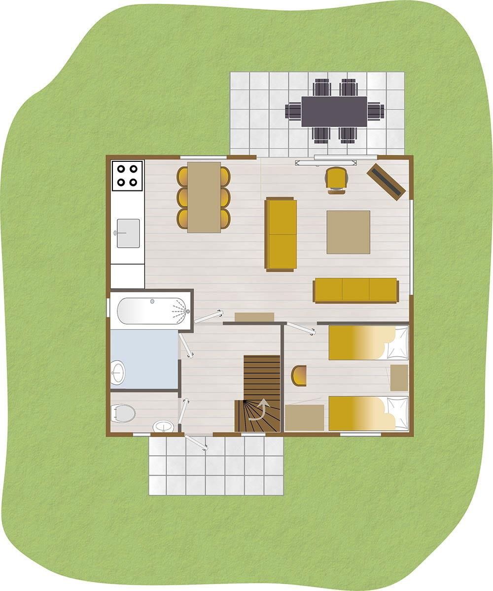 Grundriss des Erdgeschosses des Ferienhauses Boshuus Comfort, Deurningen, mit offenem Wohnbereich.