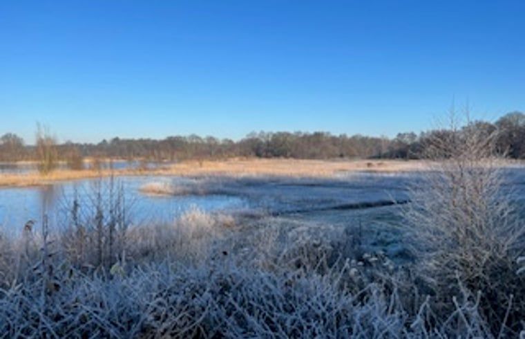 Winter landscape at Huisje in Buurse, vacation home in Twente, with frozen lake and white fields.