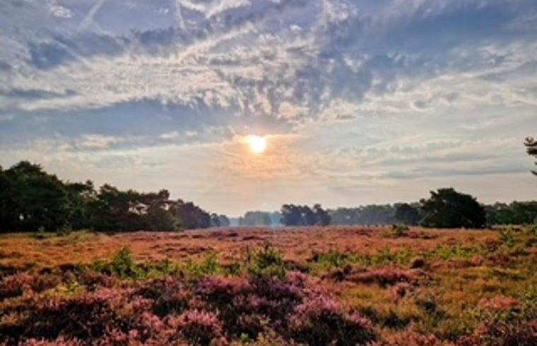 Beautiful sunrise over moorland near Cottage in Buurse, vacation home in Twente, with colorful sky.