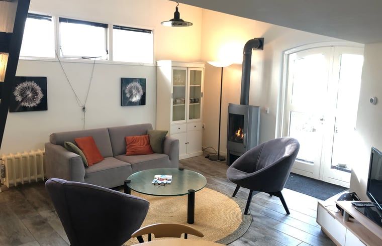 Stijlvolle woonkamer in vakantiehuis in Vroomshoop, Twente, met moderne inrichting.