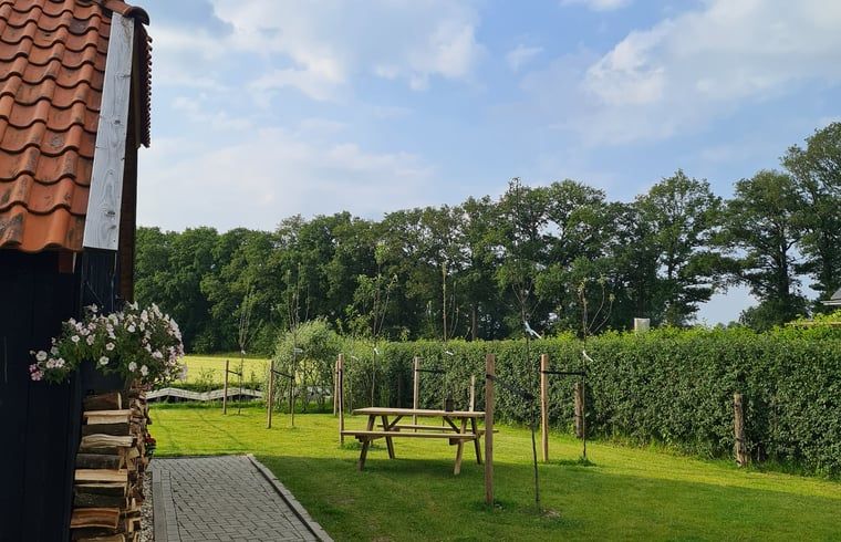 Rustige tuin bij Vakantiehuisje in Hengevelde, Twente met uitzicht op groen landschap.