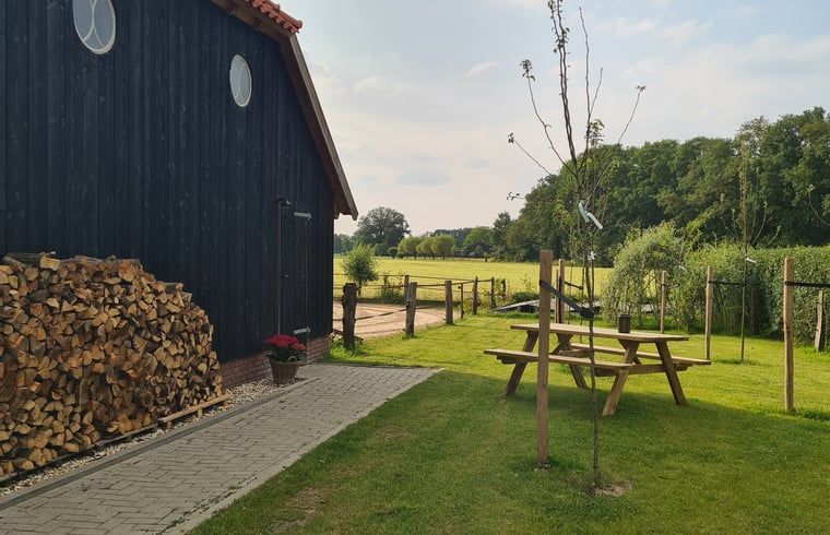 Buitenruimte van Vakantiehuisje in Hengevelde, Twente met picknicktafel en landelijke omgeving.