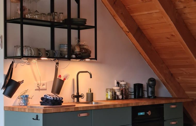 Compacte keuken in Vakantiehuisje in Hengevelde, Twente met houten details en moderne apparatuur.