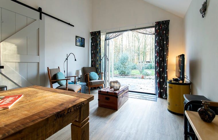 Geraeumiges Wohnzimmer im Ferienhaus in Boekelo, Overijssel, mit Blick auf den Garten.