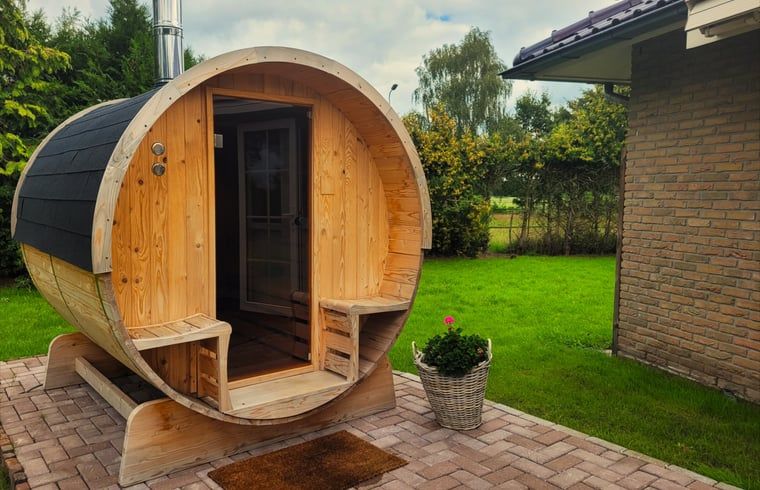 Holzsauna neben dem Ferienhaus in Lonneker, Twente, fuer ultimative Entspannung in der gruenen Umgebung von Overijssel.