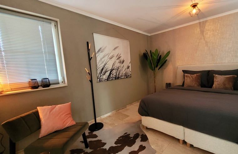 Aussenbereich des Ferienhauses in Lonneker, Twente, mit gruenem Garten und ruhiger Umgebung in Overijssel.