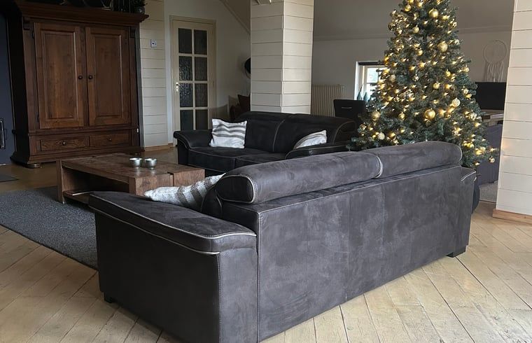 Gemuetlicher Innenbereich des Ferienhauses in Goor, Twente, Overijssel mit stimmungsvollem Esstisch und Weihnachtsbaum fuer eine heimelige Atmosphaere.