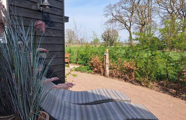 Ruim terras met ligstoelen bij Vakantiehuisje in Bornerbroek, Twente, Overijssel met uitzicht op groen.