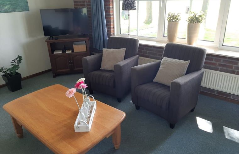 Comfortable sitting area in Holiday home in Lattrop Breklenkamp overlooking the garden in Twente, Overijssel.