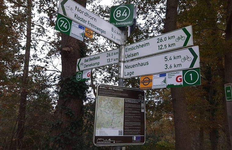 Bike route signs near Holiday home in Lattrop Breklenkamp, ideal for cycling adventures in Twente, Overijssel.