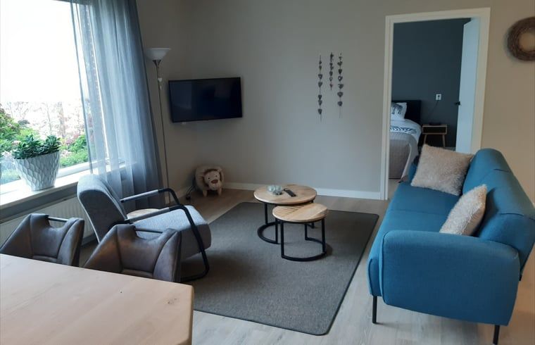 Gezellige woonkamer in Vakantiehuis in De Pollen, Vriezenveen, Twente, met moderne inrichting.