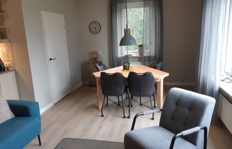 Eethoek in Vakantiehuis in De Pollen, Vriezenveen, Twente, met houten tafel en stoelen.