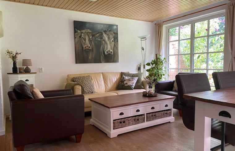 Gemuetliches Wohnzimmer im Ferienhaus in Holten, Overijssel mit komfortabler Sitzecke und grossen Fenstern mit Blick auf die Natur.