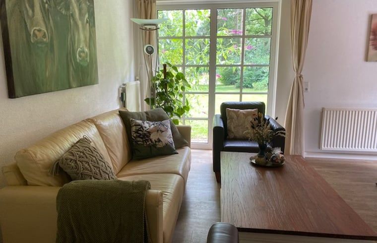 Gemuetliches Wohnzimmer im Ferienhaus in Holten, Overijssel mit Blick auf den gruenen Garten. Ideal fuer einen entspannten Aufenthalt in Salland.