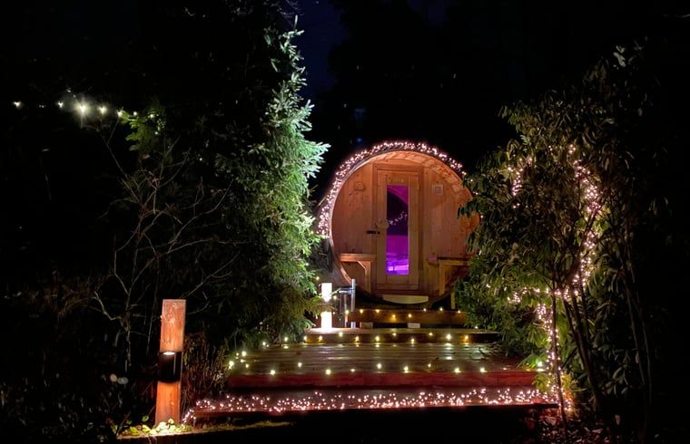 Sfeervolle avondverlichting bij Vakantiehuisje in Holten, gelegen in de natuur van Salland, Overijssel. Perfecte plek voor ontspanning.