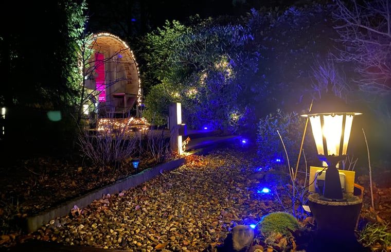 Sfeervol verlicht pad naar het Vakantiehuisje in Holten, omgeven door natuur in Salland, Overijssel, ideaal voor een romantisch verblijf.