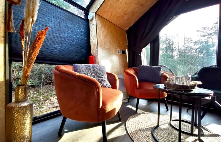 Gemuetlicher Innenbereich des Ferienhauses in Holten, Overijssel, mit bequemen Stuehlen und Blick auf die Landschaft von Salland.