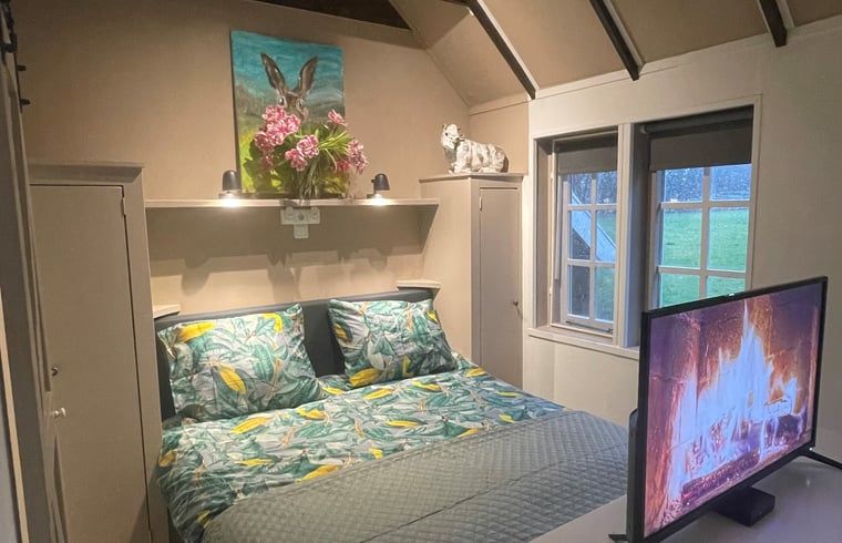 Sfeervolle slaapkamer in Vakantiehuisje in Wijhe, Salland met comfortabel bed en raamzicht.