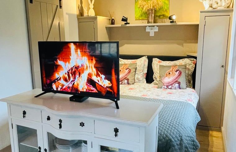 Knusse slaapkamer met televisie en decoratieve elementen in Vakantiehuisje in Wijhe, Salland.