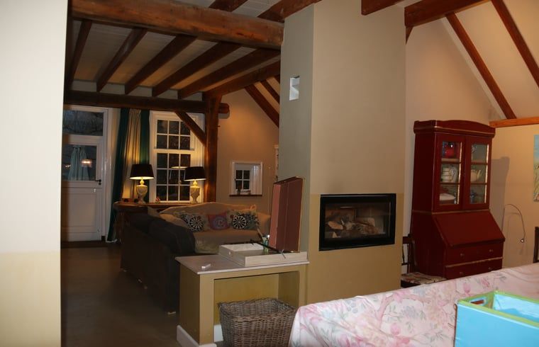 Open living room in cottage in Heeten, Overijssel, with cozy furnishings.