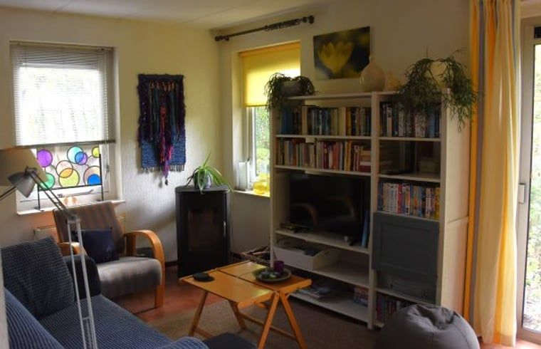 Gezellige woonkamer van Huisje in Heeten met boekenplank en decoratie in Salland, Overijssel.
