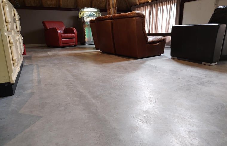 Spacious living room with leather sofas in Holiday home in Nieuwleusen, Salland, Overijssel.