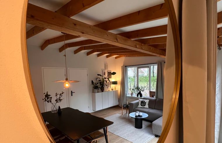 Das Innere eines Ferienhauses in Hellendoorn spiegelt sich in einem Spiegel.