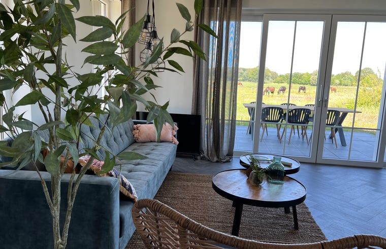 Gezellige binnenruimte van Vakantiehuis in Hellendoorn met uitzicht op groene velden in Salland, Overijssel.