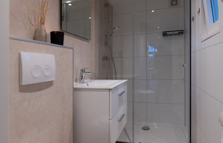 Moderne badkamer in Vakantiehuisje in Haarle, perfect voor een ontspannen verblijf in Hellendoorn.