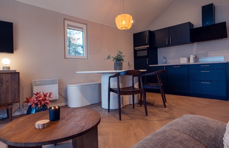 Moderne keuken en eetruimte in Vakantiehuisje in Haarle, ideaal voor een comfortabel verblijf in Overijssel.