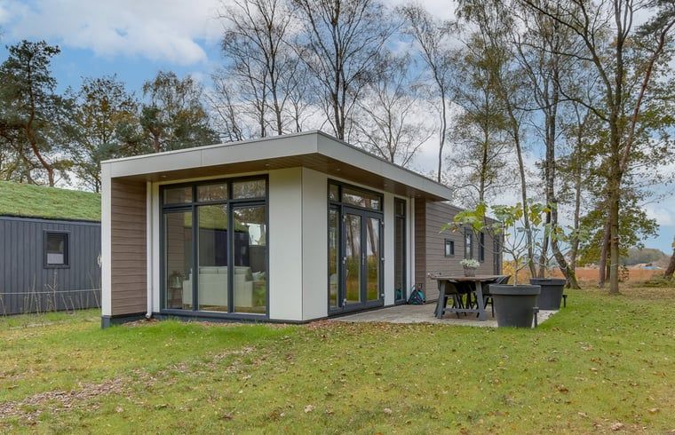 Aussenansicht des Ferienhauses in Haarle, umgeben von einer gruenen Umgebung in Salland, Overijssel.