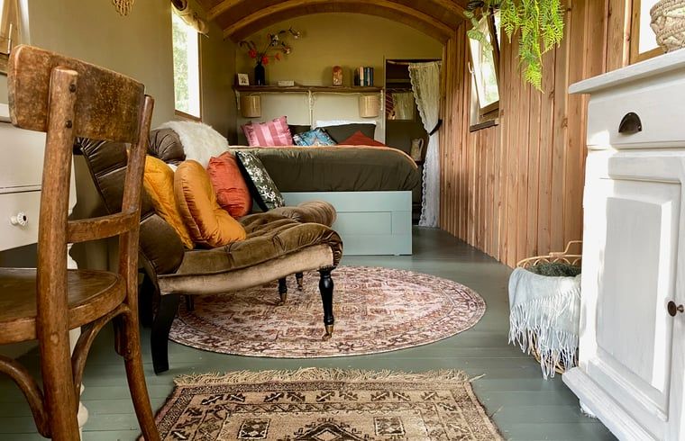 Gezellige binnenruimte van Vakantiehuisje in Wesepe, Salland, Overijssel met comfortabele zithoek en sfeervolle inrichting.