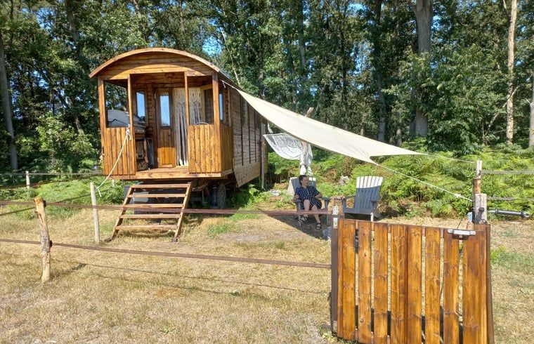 Gezellig vakantiehuisje in Wesepe, Salland met houten veranda, omgeven door natuur in Overijssel, perfect voor een ontspannen verblijf.