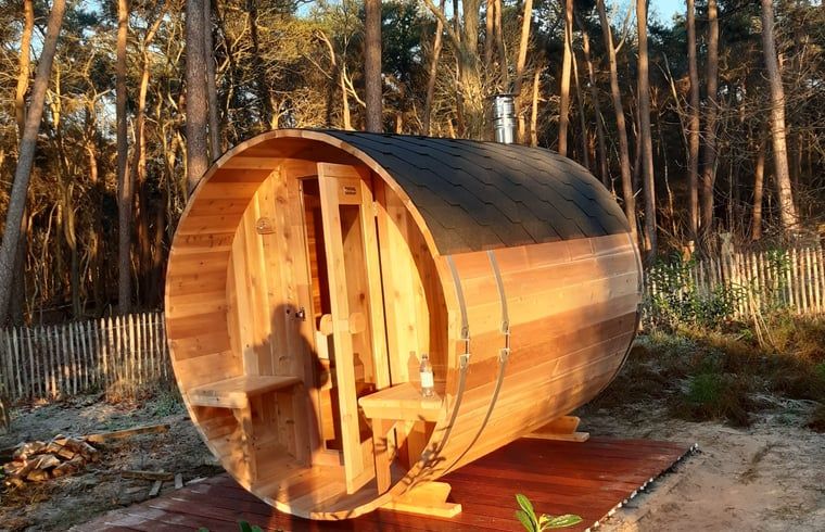 Wooden sauna at Holiday home in Ommen, Vechtstreek, Overijssel, surrounded by trees.